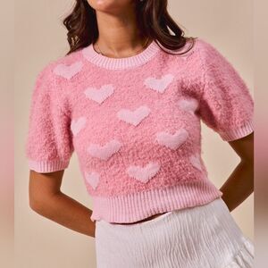 SO ME Heart Pop Out Y2K Cropped Pink Heart Knit Short Sleeve Fit Sweater S M L X